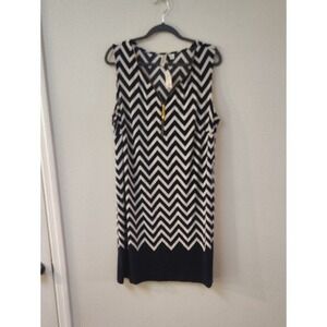 Tacera Womens 2X Navy Blue‎ White Chevron Sleeveless Zip V-Neck Shift Dress NWT